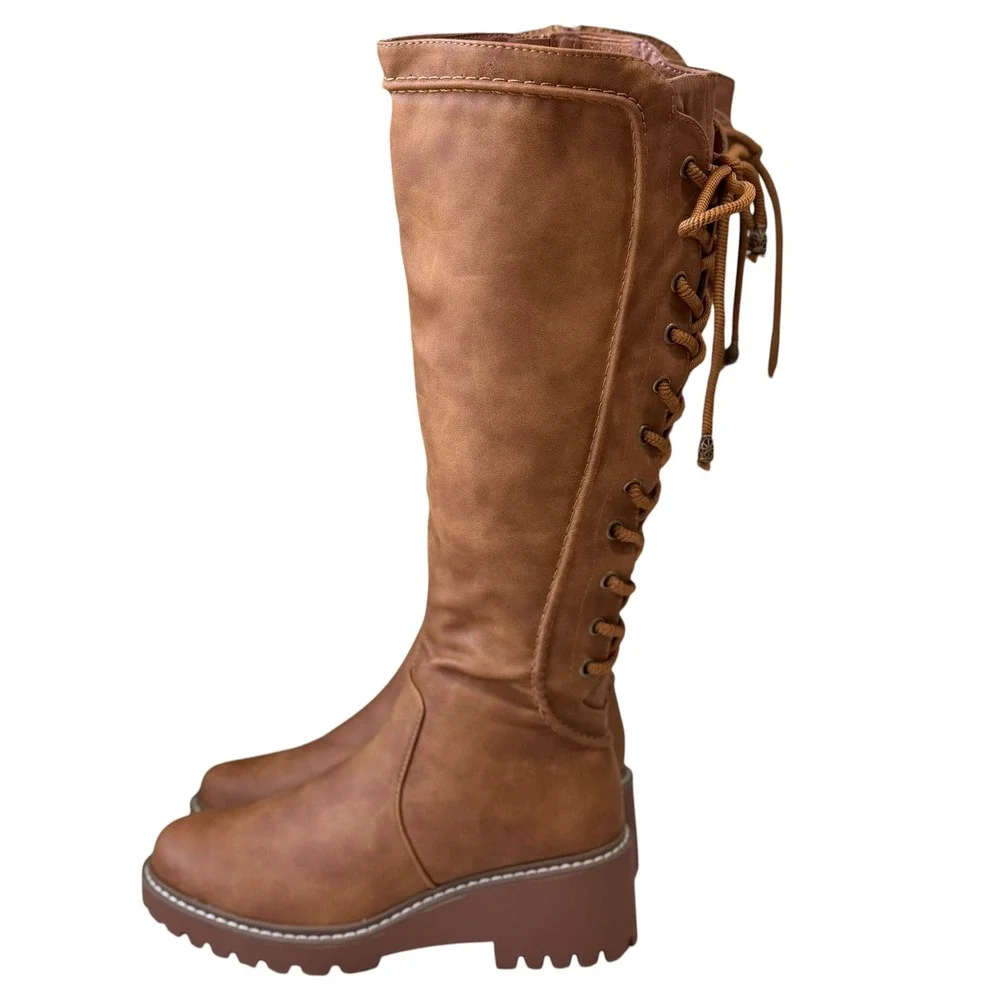 Forever Womens Knee High Combat Boots Brown Lace Up Lug Sole Side Zip Size 6